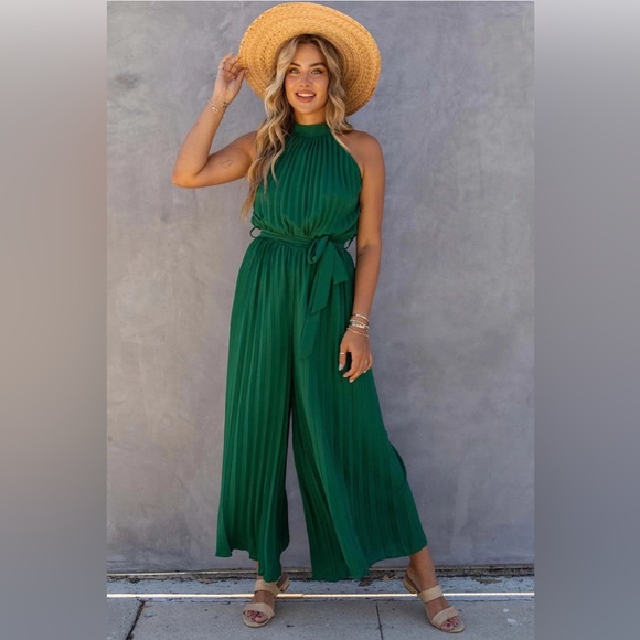 Pants - Halter Neck Pleated Wide Leg Jumpsuit with Belt | Green